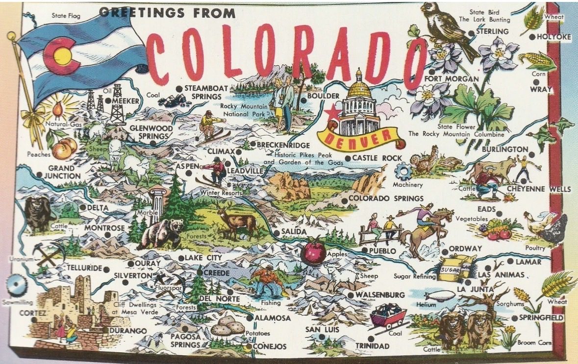 Vintage illustrated Colorado postcard map